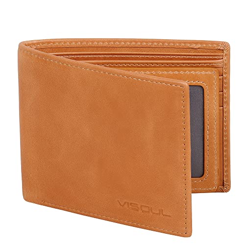 VISOUL Leather Mens Bifold RFID Blocking Wallet with 2 ID Windows, Leather Wallet for Men (Leather, Tan) - Image 1