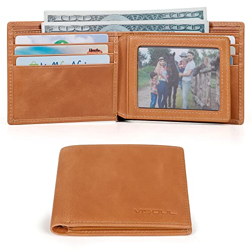 VISOUL Leather Mens Bifold RFID Blocking Wallet with 2 ID Windows, Leather Wallet for Men (Leather, Tan) - Image 3
