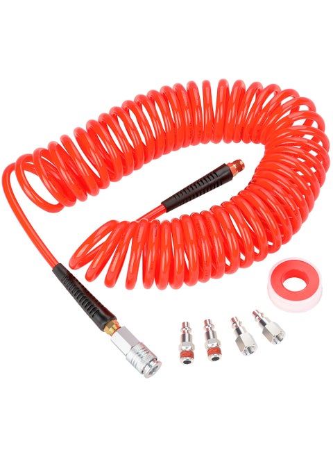 Hromee 1/4 in x 30 ft Polyurethane Recoil Air Compressor Hose with Bend Restrictors Compressor Hose with 1/4" Industrial Universal Quick Coupler and 4PCS I/M Plug Kit, Red