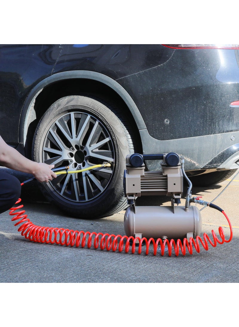 Hromee 1/4 in x 30 ft Polyurethane Recoil Air Compressor Hose with Bend Restrictors Compressor Hose with 1/4" Industrial Universal Quick Coupler and 4PCS I/M Plug Kit, Red