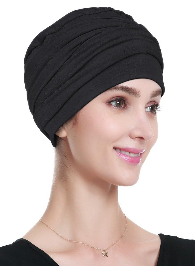 Alnorm Chemo Headwear Viscose Turban Head Wrap Beanie Black - Image 1