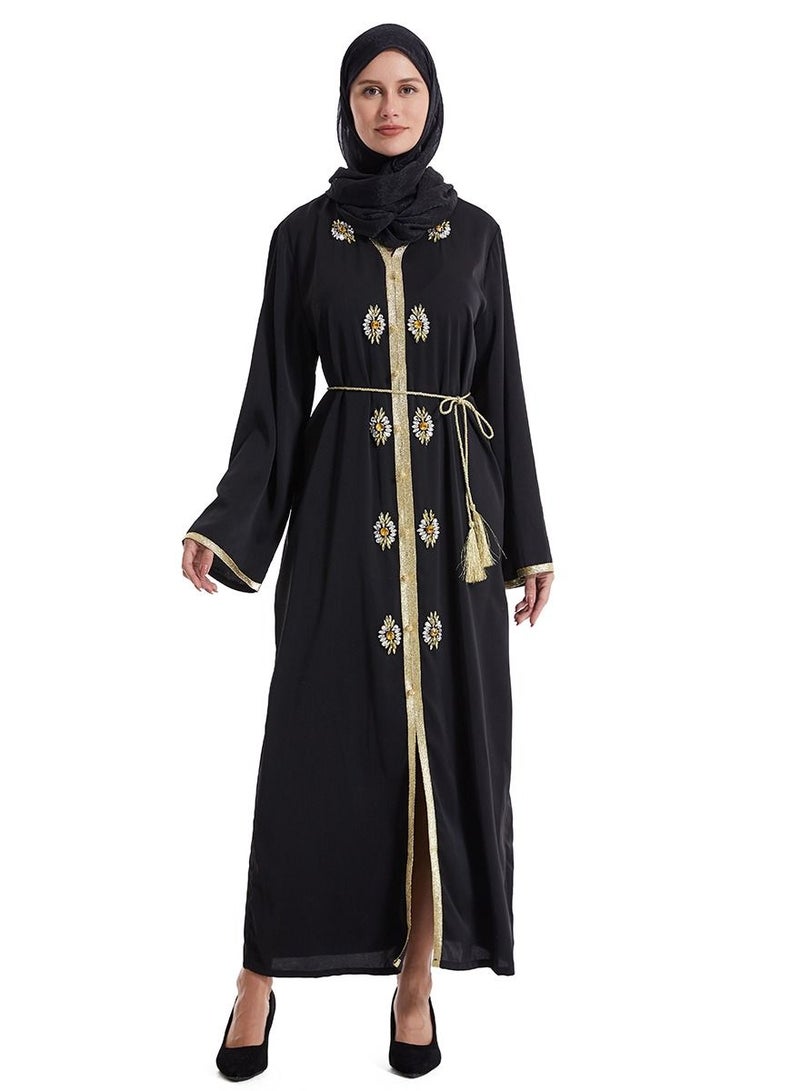 إسكدنيا Lady's V-Neck Lace Inlay Long Dress Long Sleeve Abaya Thobe Robe Black  - Image 1