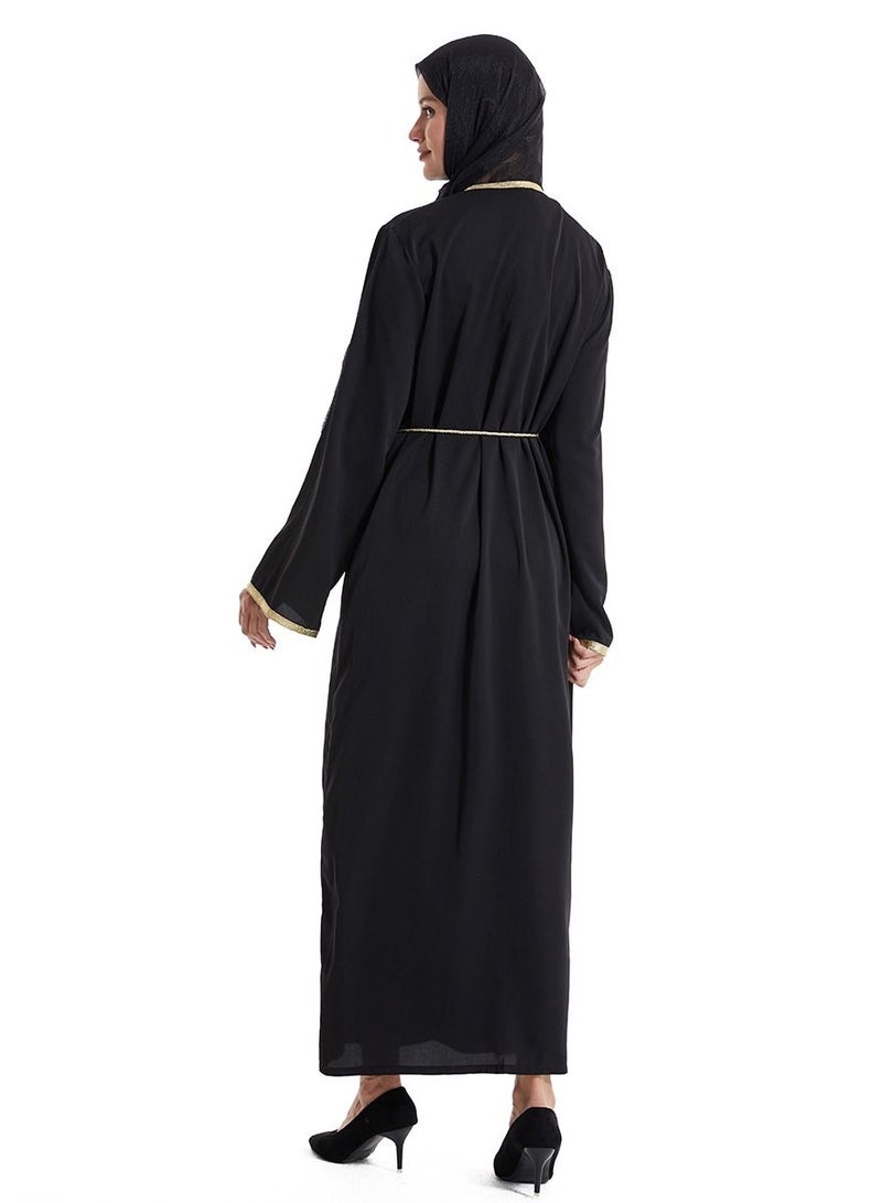إسكدنيا Lady's V-Neck Lace Inlay Long Dress Long Sleeve Abaya Thobe Robe Black  - Image 2