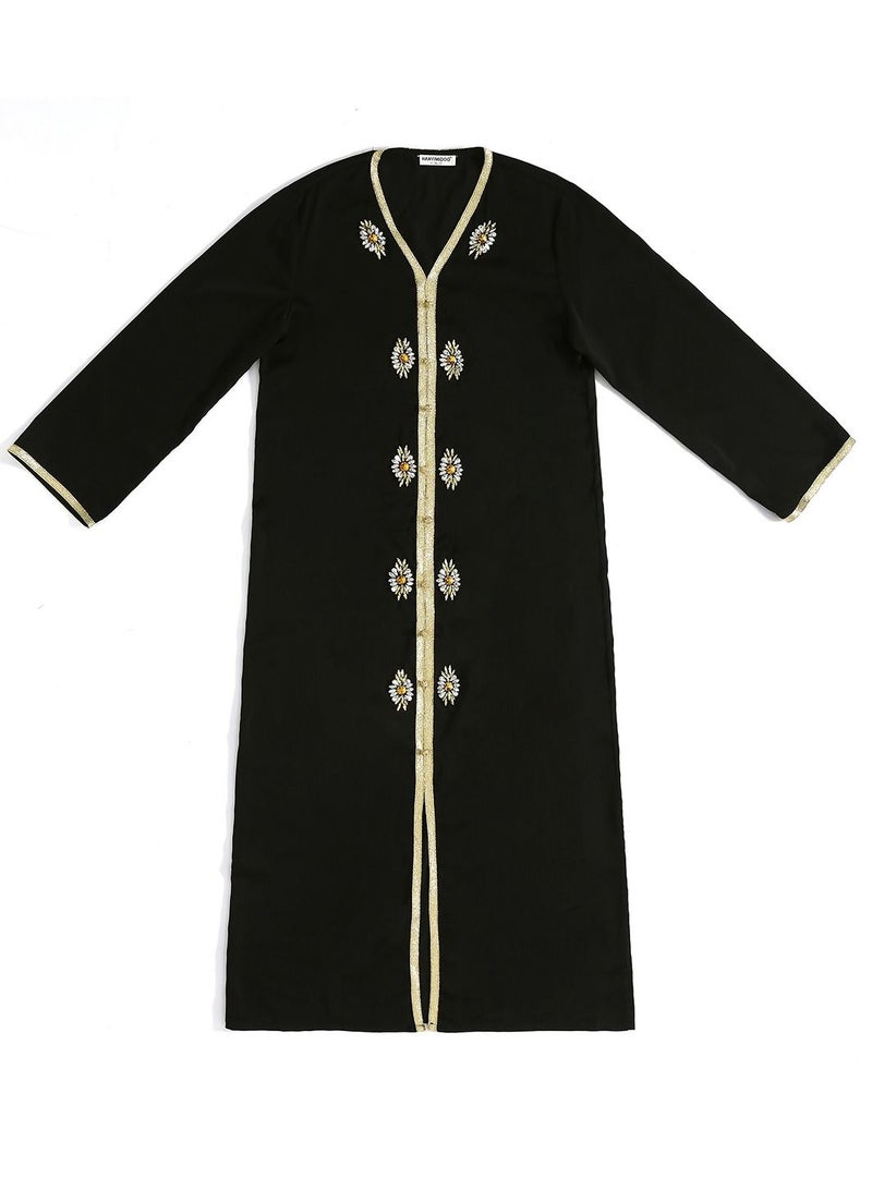 إسكدنيا Lady's V-Neck Lace Inlay Long Dress Long Sleeve Abaya Thobe Robe Black  - Image 3