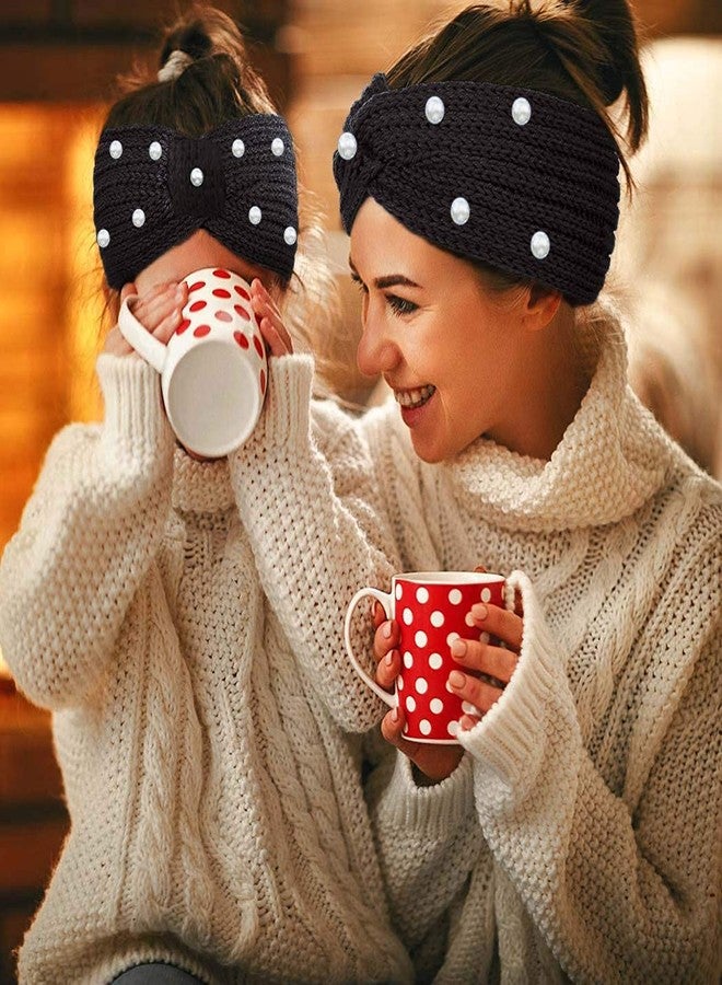 مور بريف طوق رأس موربريف المحبوك باللؤلؤ، طوق رأس شتوي أسود، مدفأة للأذنين، أغطية رأس كروشيه، عمامة سميكة معقودة، إكسسوارات شعر دافئة للنساء والفتيات، عبوة من قطعة واحدة - Image 3