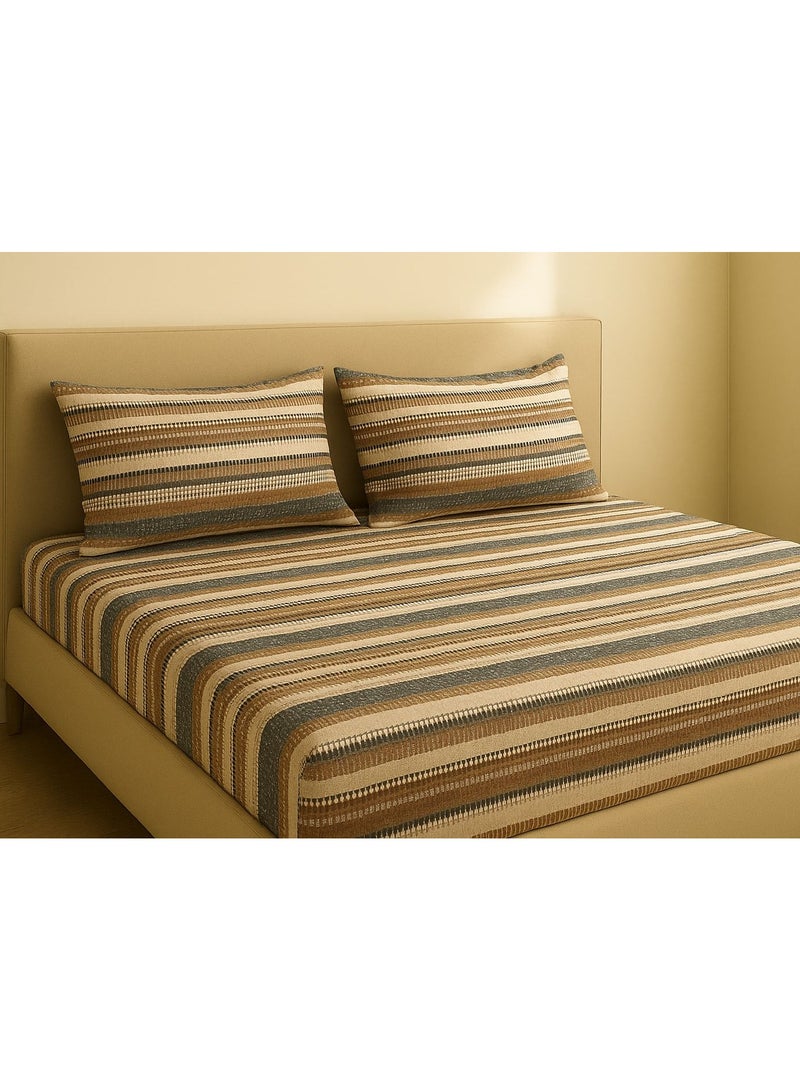 Yarlin-Bed Set (Fitted Bedsheet for 180 cm beds and 2 Small Pillowcases (Brown Lines) Design - Image 1