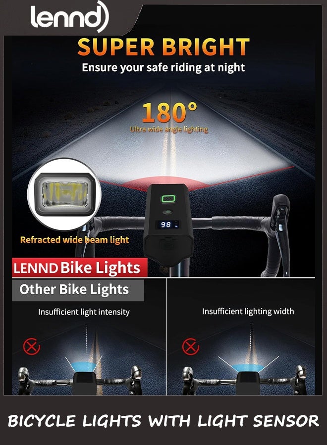 LENND Bike Light, High Lumens Super Bright Bicycle Front Headlight USB Rechargeable, Waterproof Cycling Lights 4-Mode for Night Riding, Road, Mountain, Safety, with LED Display & Light Sensor - Image 2