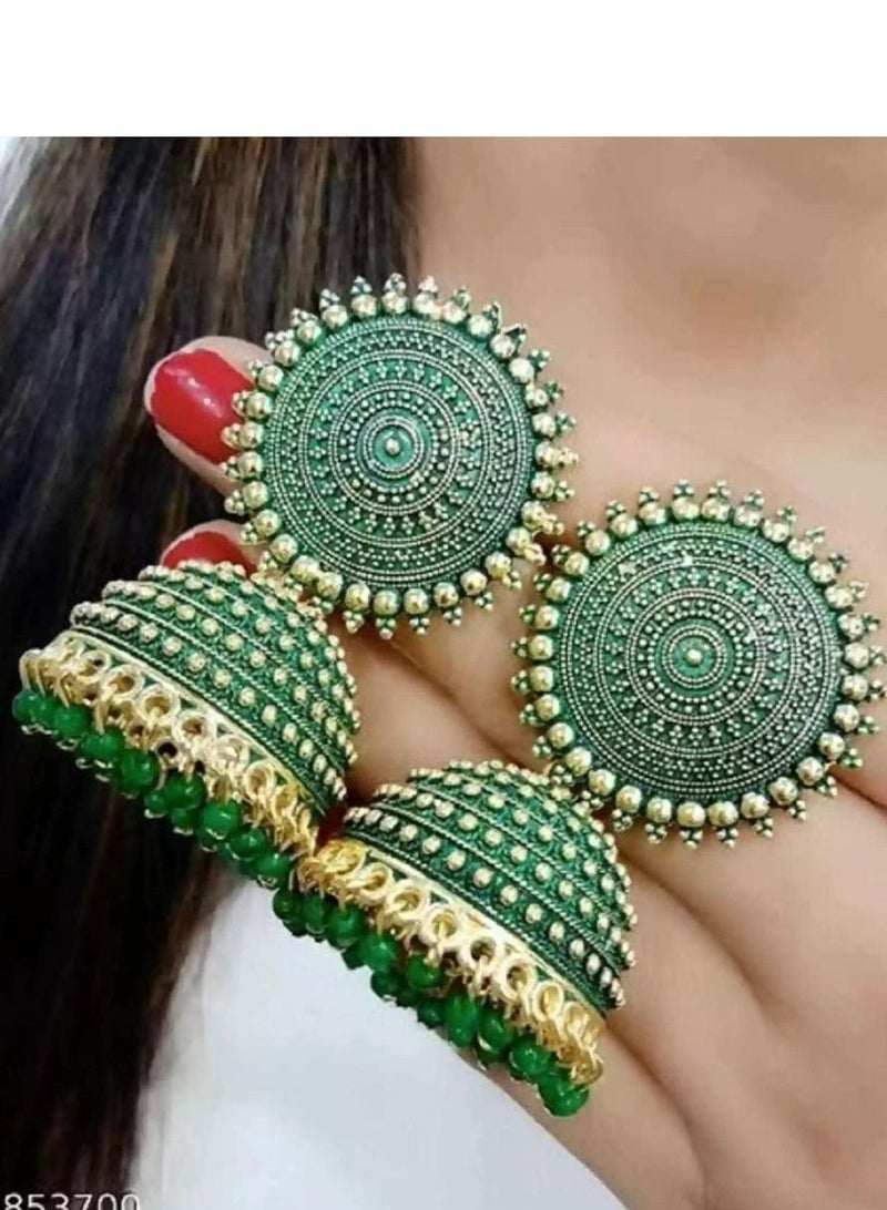 Traditional Jhumki Earrings - Green - Image 1