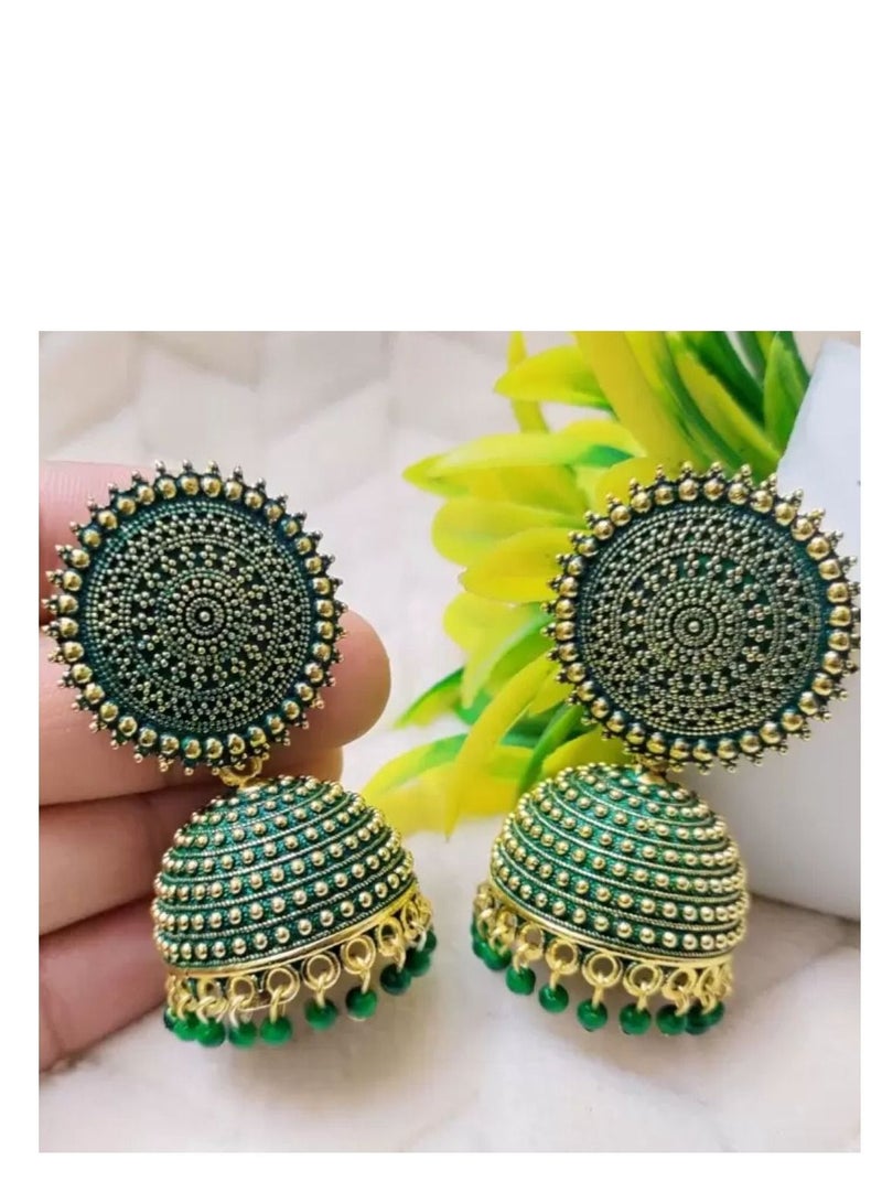 Traditional Jhumki Earrings - Green - Image 3