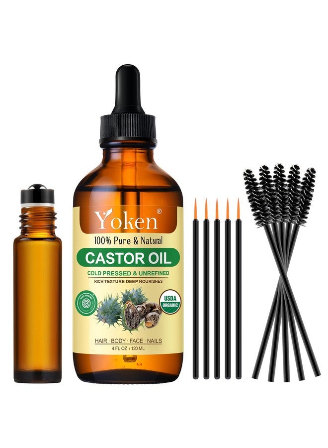 Yoken Castor Oil Organic USDA Certified 4oz Glass Bottle - 100% Pure, Cold Pressed, Hexane Free, Virgin Caster Oils for Face, Eyelash, Eyebrow, Hair - with Lash Starter Kit & Empty Roller Ball Bottle - Image 1