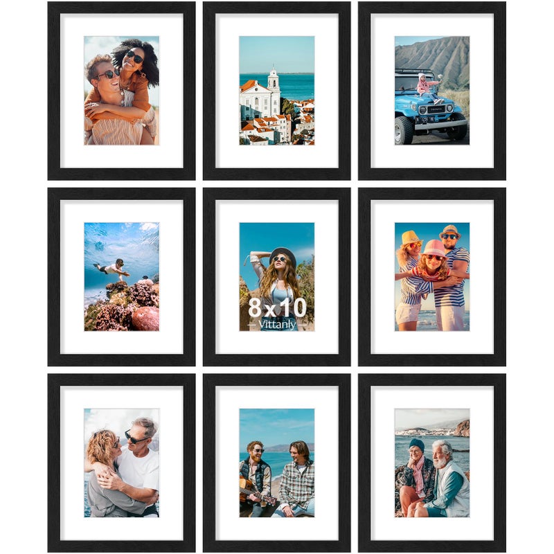 Vittanly 8x10 Picture Frames Set of 9 Shatter Resistant Plexiglass Display 5x7 Pictures with Mat or 8x10 without Mat Photo Frames for Wall or Tabletop Engineered Wood Black