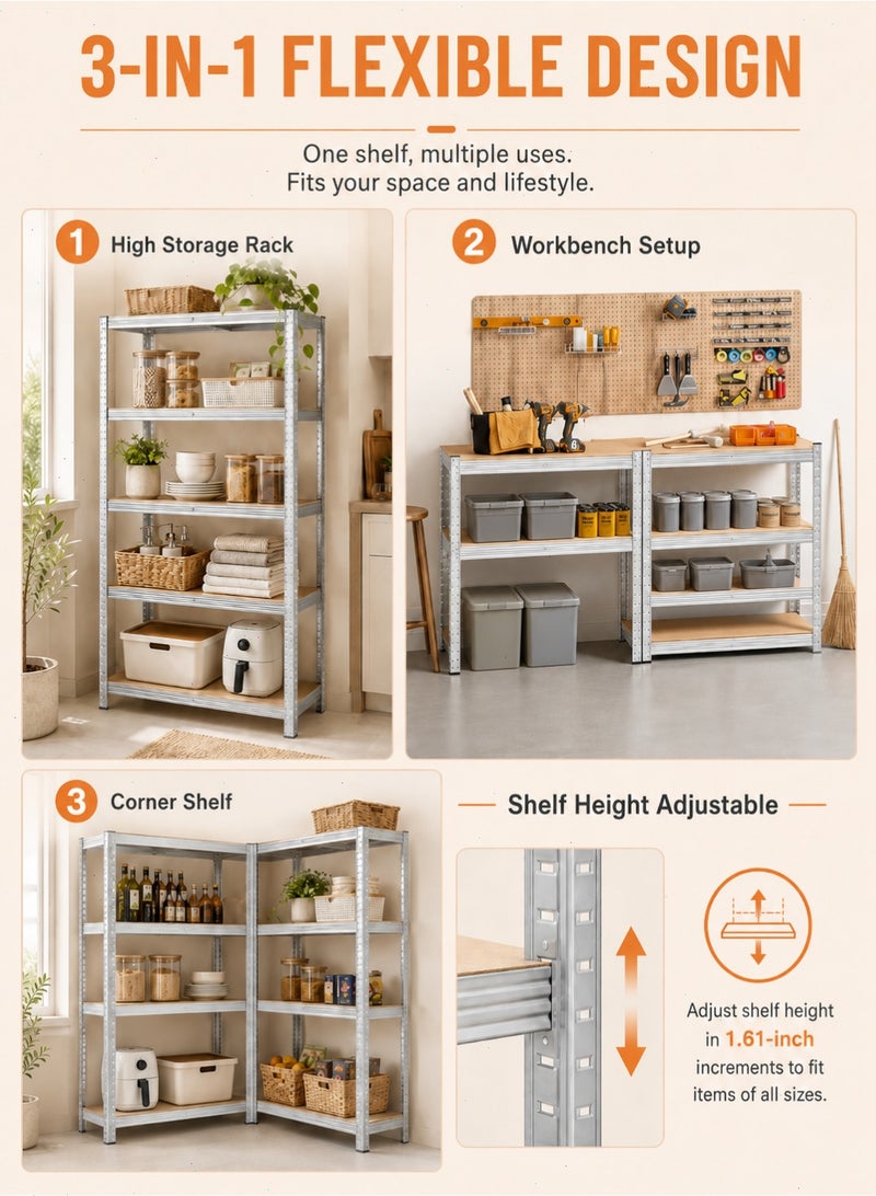 Yoawllty 5-Tier Storage Shelves, Garage Storage, Boltless Assembly, Adjustable Shelving Unit, for Shed Warehouse Basement Kitchen (Silver) - Image 3