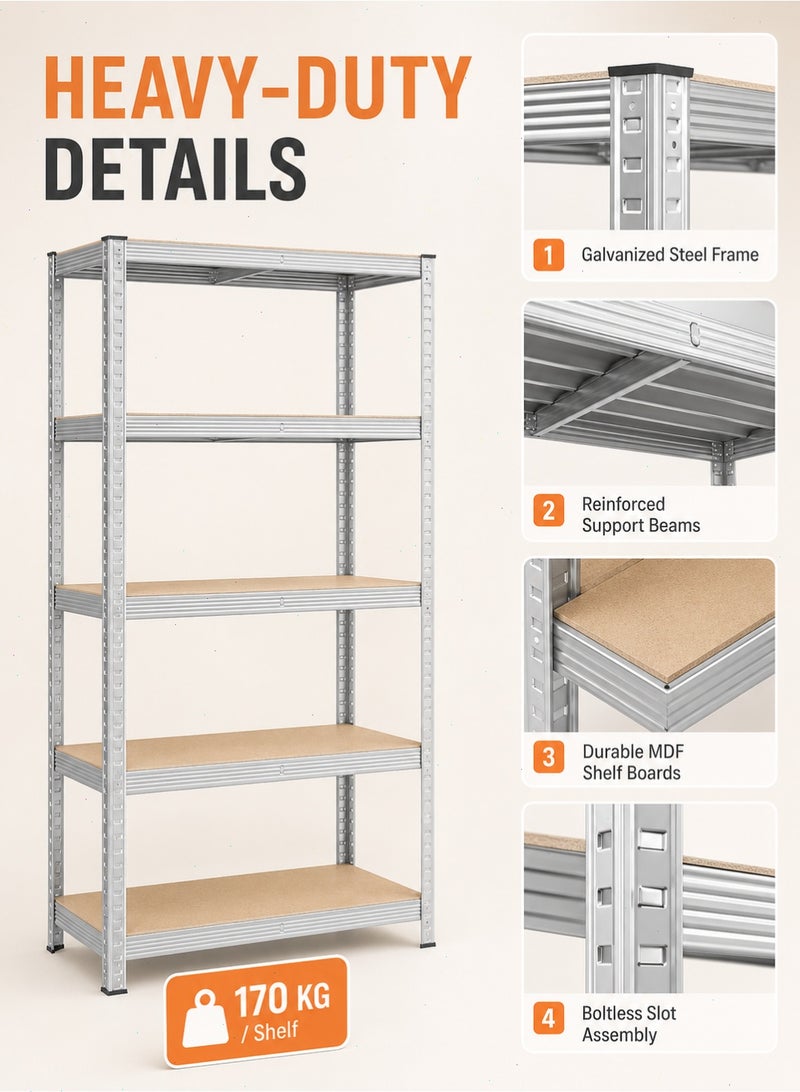 Yoawllty 5-Tier Storage Shelves, Garage Storage, Boltless Assembly, Adjustable Shelving Unit, for Shed Warehouse Basement Kitchen (Silver) - Image 4