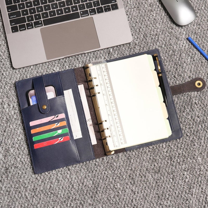 Wonderpool A5 Binder Journal Leather Spiral Notebook Refillable College Ruled Paper, Budget Binder Rings Diary Organizer with Pen for Office School Travel Business Planning Writing (Blue,A5) - Image 3