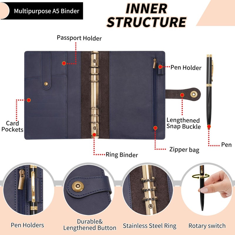 Wonderpool A5 Binder Journal Leather Spiral Notebook Refillable College Ruled Paper, Budget Binder Rings Diary Organizer with Pen for Office School Travel Business Planning Writing (Blue,A5) - Image 5