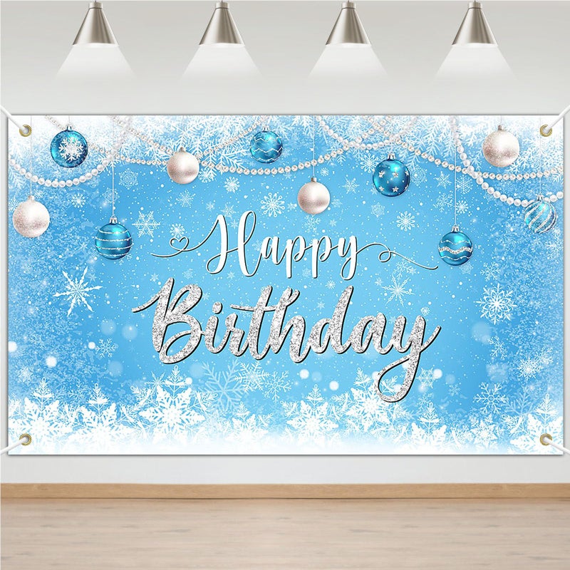 Avezano Winter Birthday Banner Blue White Snowflakes Happy Birthday Backdrop Winter Wonderland Party Decorations Snowy Wonderland Landscape Photo Booth Banner (6x3.6ft) - Image 1