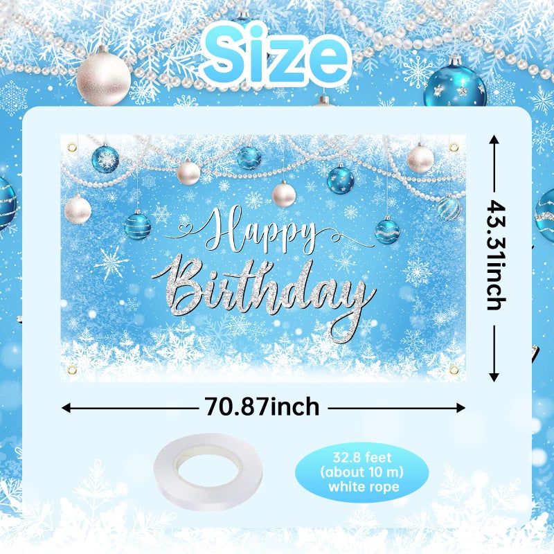 Avezano Winter Birthday Banner Blue White Snowflakes Happy Birthday Backdrop Winter Wonderland Party Decorations Snowy Wonderland Landscape Photo Booth Banner (6x3.6ft) - Image 4