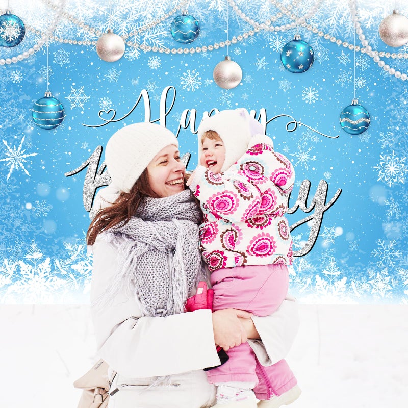 Avezano Winter Birthday Banner Blue White Snowflakes Happy Birthday Backdrop Winter Wonderland Party Decorations Snowy Wonderland Landscape Photo Booth Banner (6x3.6ft) - Image 3