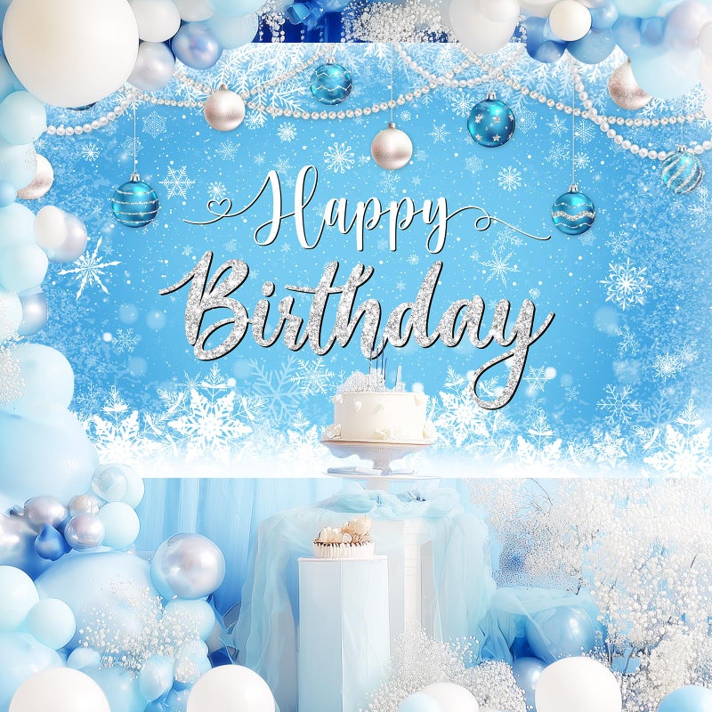 Avezano Winter Birthday Banner Blue White Snowflakes Happy Birthday Backdrop Winter Wonderland Party Decorations Snowy Wonderland Landscape Photo Booth Banner (6x3.6ft) - Image 2