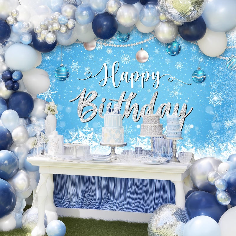 Avezano Winter Birthday Banner Blue White Snowflakes Happy Birthday Backdrop Winter Wonderland Party Decorations Snowy Wonderland Landscape Photo Booth Banner (6x3.6ft) - Image 5