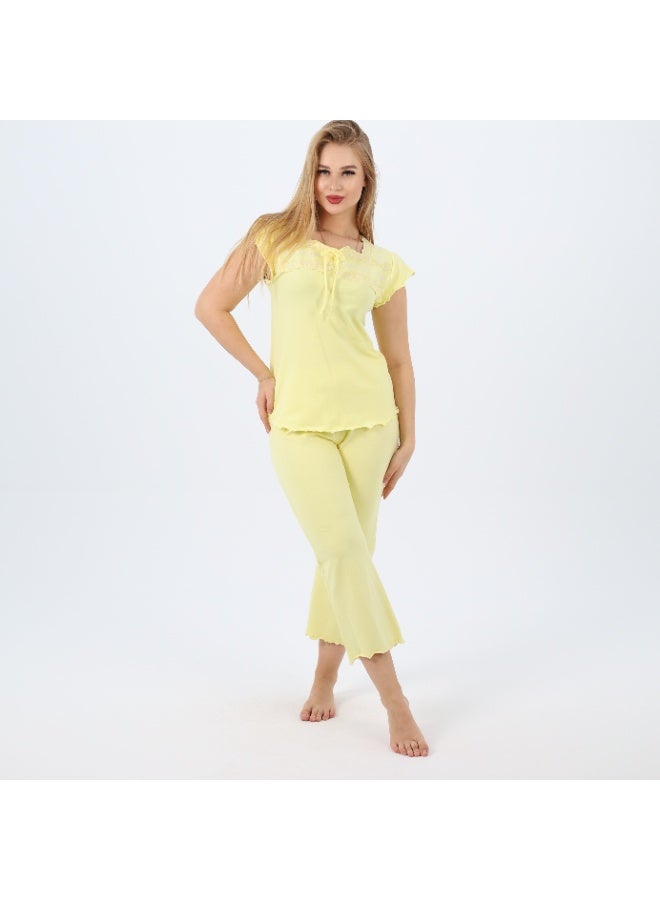 zecotex  Embroidered Women’s Cotton Pajama Set – Cap Sleeve Top & Cropped Pants – Soft Summer Loungewear (Sizes S to 2XL)  - Image 3