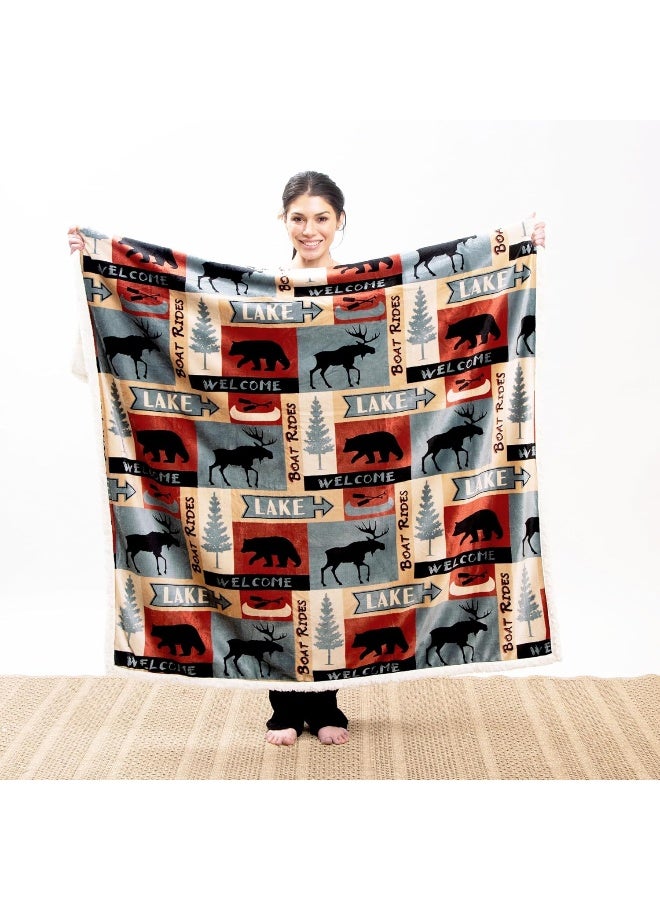 CARSTENS, INC. Lake House Rustic Cabin Sherpa Fleece Large Throw Blanket, 54" x 68", Blue - Image 1