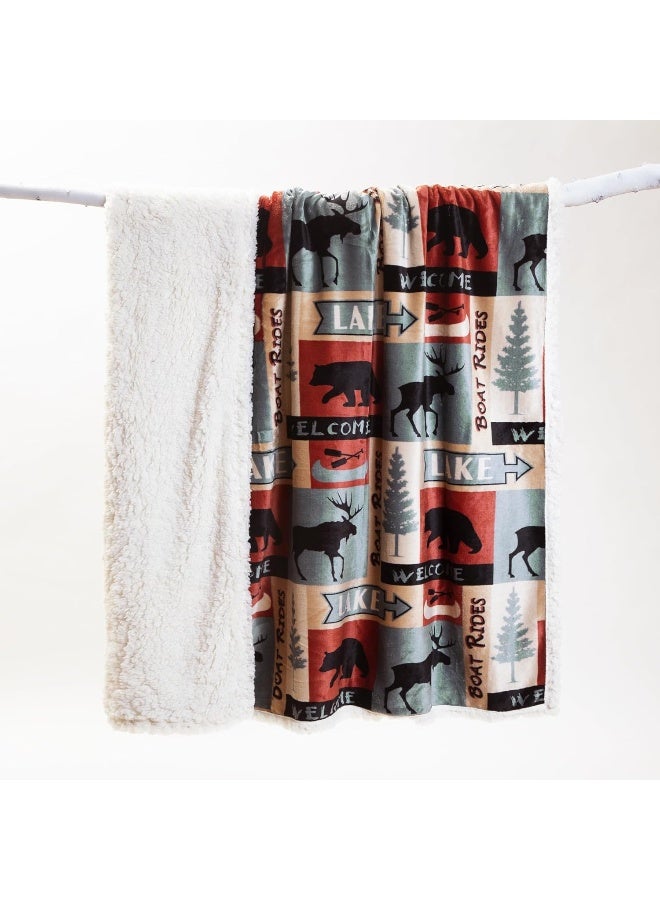 CARSTENS, INC. Lake House Rustic Cabin Sherpa Fleece Large Throw Blanket, 54" x 68", Blue - Image 2