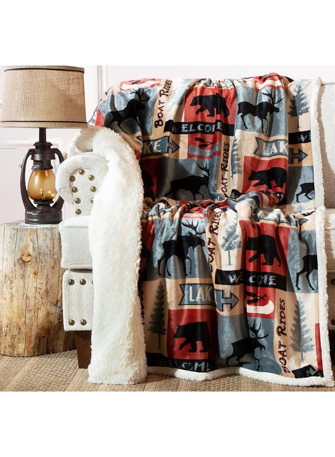 CARSTENS, INC. Lake House Rustic Cabin Sherpa Fleece Large Throw Blanket, 54" x 68", Blue - Image 3