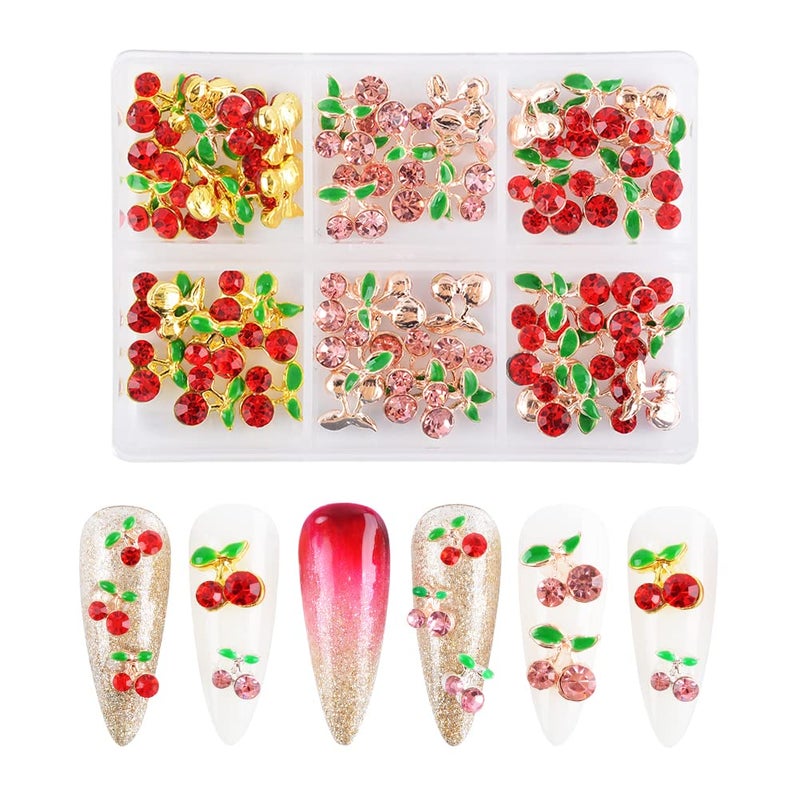 WEILUSI 60 Pcs 3D Nail RhinestonesCherry Nail Charms Fruit Luxury Cherry Design Red Pink Big Diamond Crystal Nail Studs Gold Silver Alloy Nail Gems for Women DIY Nail Art Decoration Supplies Crafts