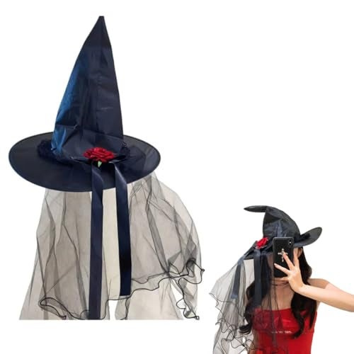 TLISMI Halloween Party Witch Hat with Veil and Red Rose for Girls & Women | Pointed Witch Hat Costume Accessory for Cosplay, Masquerade & Themed Events - Image 1