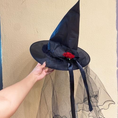 TLISMI Halloween Party Witch Hat with Veil and Red Rose for Girls & Women | Pointed Witch Hat Costume Accessory for Cosplay, Masquerade & Themed Events - Image 4