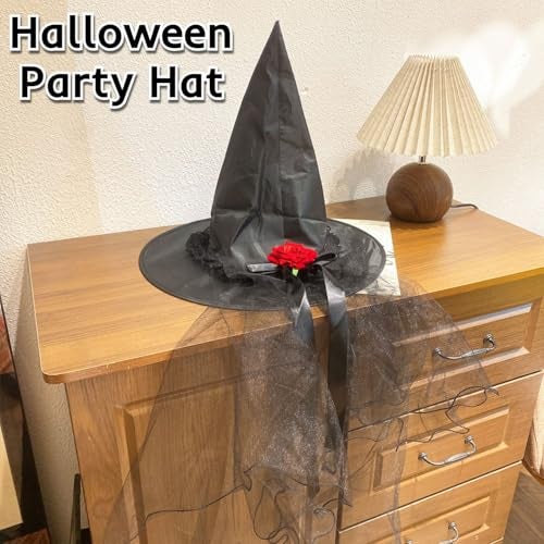 TLISMI Halloween Party Witch Hat with Veil and Red Rose for Girls & Women | Pointed Witch Hat Costume Accessory for Cosplay, Masquerade & Themed Events - Image 2