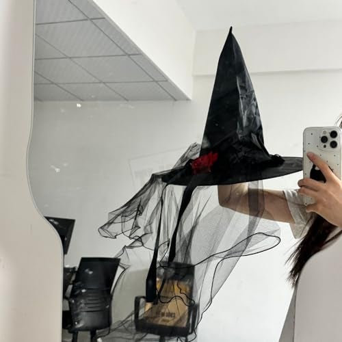 TLISMI Halloween Party Witch Hat with Veil and Red Rose for Girls & Women | Pointed Witch Hat Costume Accessory for Cosplay, Masquerade & Themed Events - Image 5