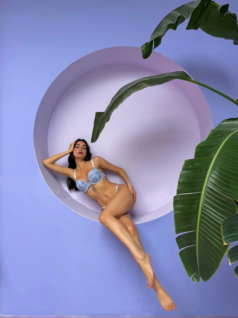 كانسوي Glittered Floral Patterned Padded Blue Bra Set (683T)
