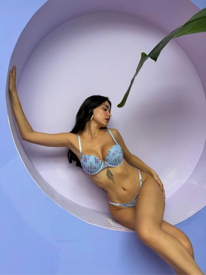 كانسوي Glittered Floral Patterned Padded Blue Bra Set (683T)