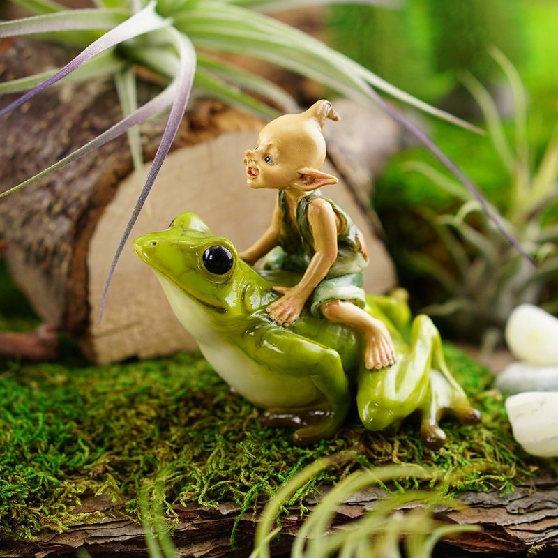 Top Collection Miniature Garden Pixie Riding Frog, Green, Tan - Image 2