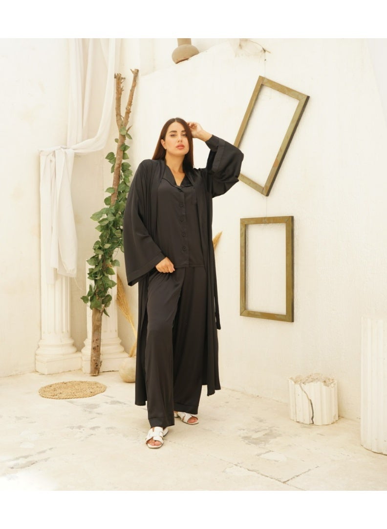 Wasan Long Full Length Black Silky Satin Wrap Robe - Image 1