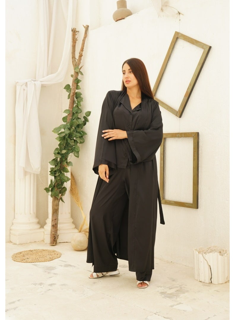 Wasan Long Full Length Black Silky Satin Wrap Robe - Image 3