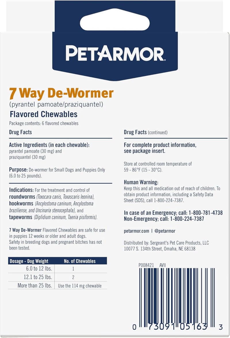 بيت آرمور دواء PetArmor للتخلص من الديدان لدى الكلاب، علاج فموي للديدان الخيطية والديدان الدائرية والديدان الخنجرية لدى الكلاب الكبيرة والجروه (أكثر من 25 رطلاً)، يحتوي على مكونين فعالين هما برازيكوانتيل (Praziquantel) وبرازيكوانتيل باموات (Pyrantel Pamoate)، ومتوفر بنكهتين. - Image 2