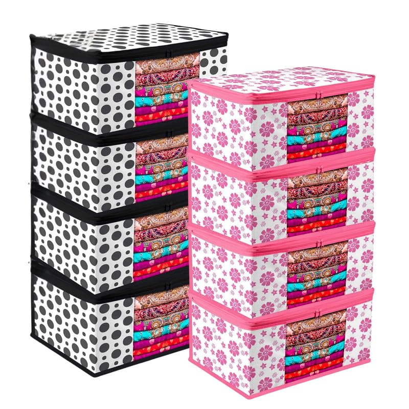 EasyGoods Saree Covers with Zip for Storage Pink Flower and Blank Bindi Design Storage Organizer For Saree Wardrobe Organiser 45L x 35W x 22H CM Pack of 8