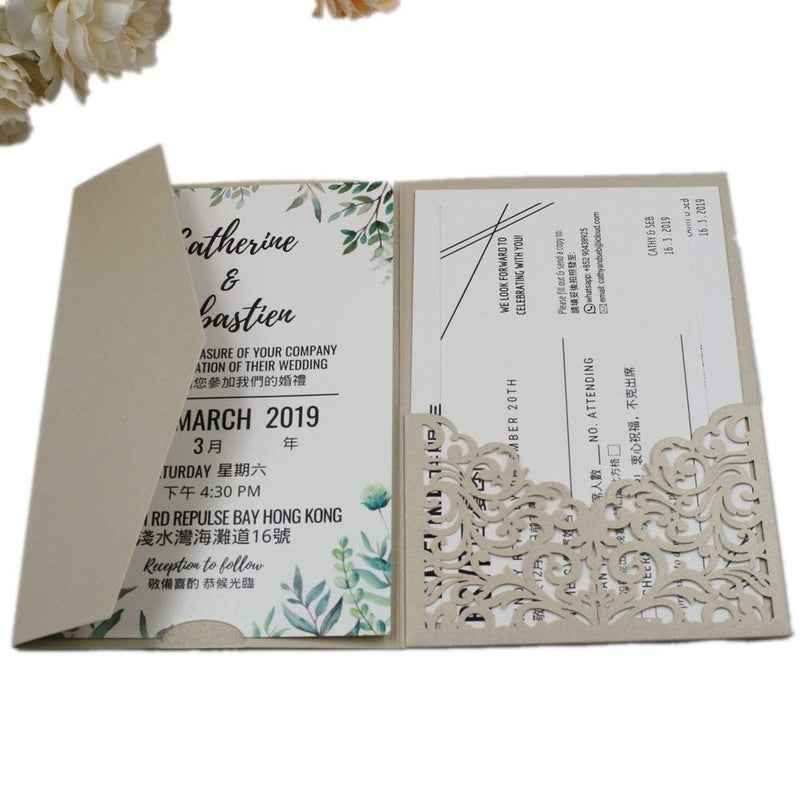 25pcs 5x728 Champagne Vine Tri Fold Pocketfold Wedding Invitations Cards pocket Pearl Paper Laser Cut Hollow Carving Greeting invites Covers only no envelope no insert champagne cover only