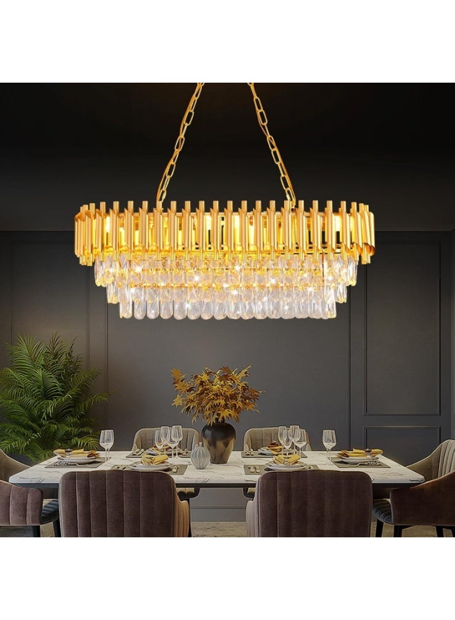 Luxury Gold Crystal Chandelier Pendant Light – Modern Rectangular Hanging Ceiling Lamp with Clear Crystal Drops, Elegant LED Dining Table Chandelier for Living Room & Home Interior - Image 1