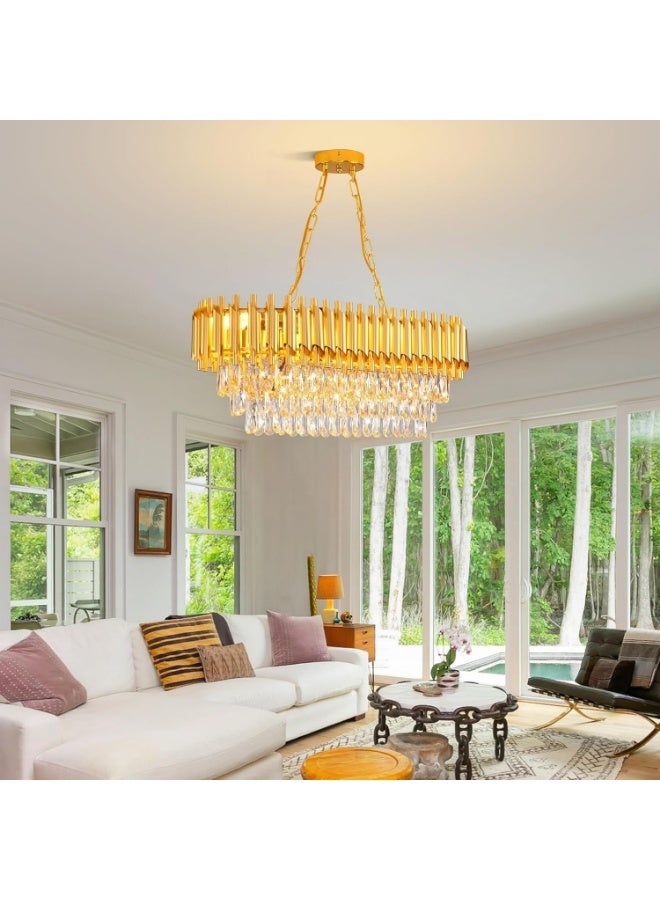 Luxury Gold Crystal Chandelier Pendant Light – Modern Rectangular Hanging Ceiling Lamp with Clear Crystal Drops, Elegant LED Dining Table Chandelier for Living Room & Home Interior - Image 2