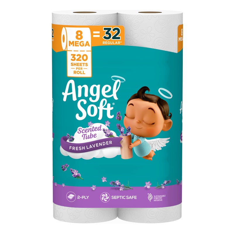 Angel Soft Toilet Paper with Fresh Lavender Scented Tube, 8 Mega Rolls = 32 Regular Rolls, Soft and Strong Toilet Tissue - Image 1