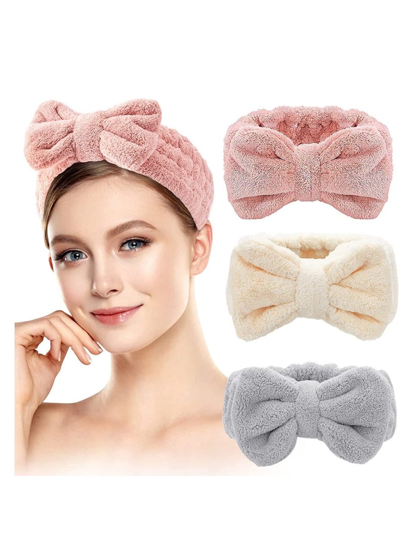 Zikra Spa Headband ‚Äì 3 Pack Bow Hair Bands Women Facial Makeup Headbands Soft Coral Fleece Elastic Head Wraps for Bathing Shower Skincare Washing Face - Image 1