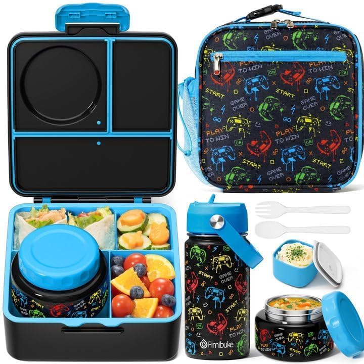 Fimibuke Bento Box for Kids Adult - Leakproof 3-4 Compartments Lunch Bento Box Set with Insulated Thermos Food Jar, Water Bottle, Lunch Bag, Sauce Cup & Cutlery for Toddler Teen Shcool Girl Boy Age 3+ - Image 1
