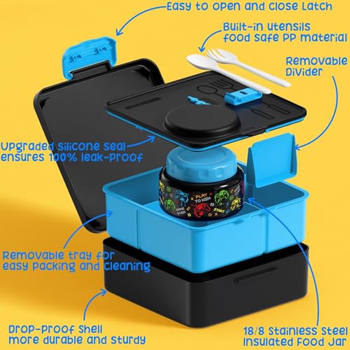 Fimibuke Bento Box for Kids Adult - Leakproof 3-4 Compartments Lunch Bento Box Set with Insulated Thermos Food Jar, Water Bottle, Lunch Bag, Sauce Cup & Cutlery for Toddler Teen Shcool Girl Boy Age 3+ - Image 4