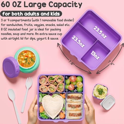 Fimibuke Bento Box for Kids Adult - Leakproof 3-4 Compartments Lunch Bento Box Set with Insulated Thermos Food Jar, Water Bottle, Lunch Bag, Sauce Cup & Cutlery for Toddler Teen Shcool Girl Boy Age 3+ - Image 2