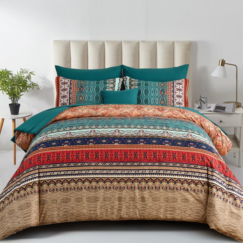 Cottolester Boho King Size Comforter Set 8 Pieces,Green and Brown Bohemian Striped Bed in a Bag,Floral Soft Microfiber Bedding Comforter Set - Image 1