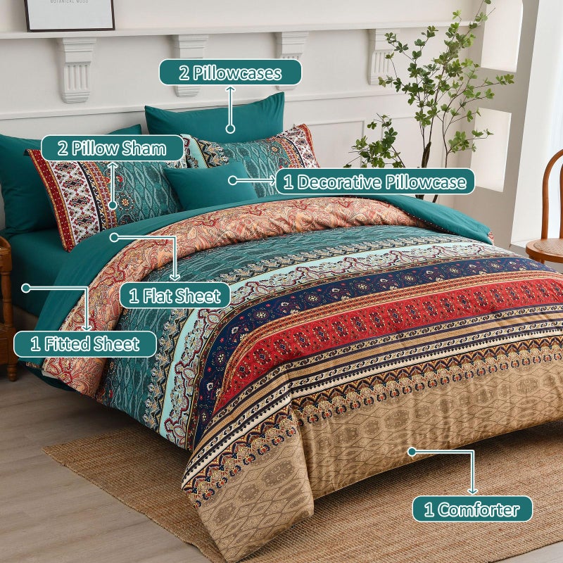 Cottolester Boho King Size Comforter Set 8 Pieces,Green and Brown Bohemian Striped Bed in a Bag,Floral Soft Microfiber Bedding Comforter Set - Image 2